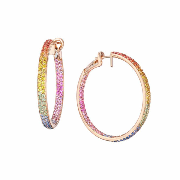 Rose Gold Multi-Colored Sapphire And Diamond Hoop Earrings - 1